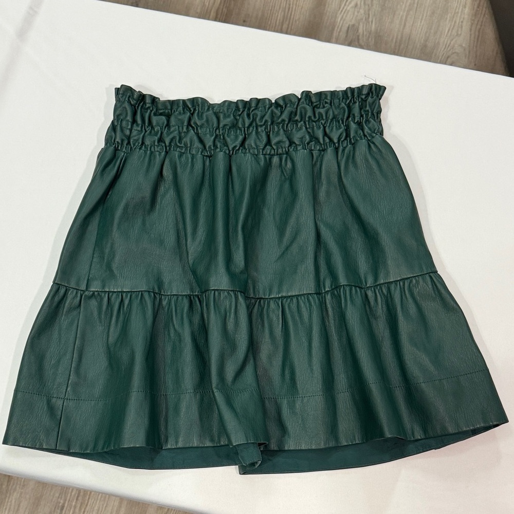 by Anthropologie Faux Leather Tiered Mini Skirt – Deep Sage Green, Size Small - Picture 1 of 5